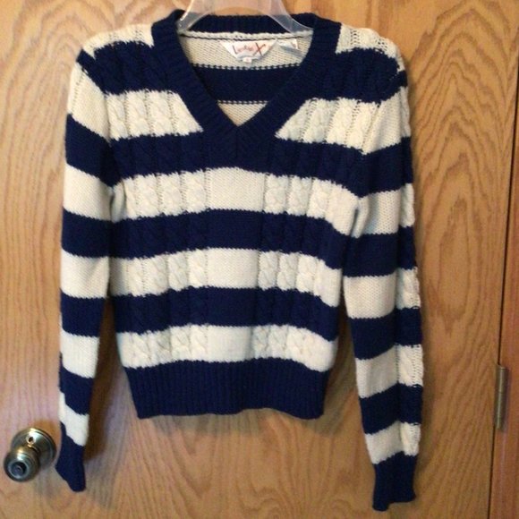 Licorice Sweaters - Licorice - Classic Blue & White (Cream) Stripe V-Neck Pullover Sweater
